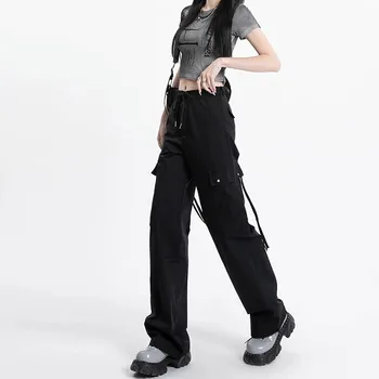Дамски панталони-карго с висока талия и завязками дантела, Свободни джобове, универсални модни уютни всекидневни директни прости панталони пълна дължина