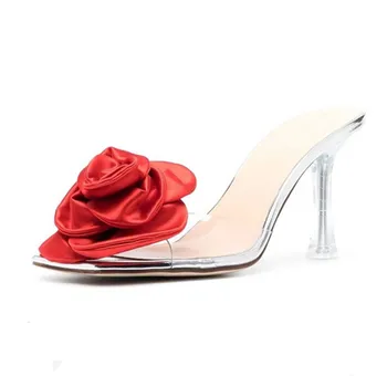 Дамски сандали, Дамски Секси Прозрачни обувки на висок ток 10 cm, сандали с отворени пръсти, Вечерни сватбени обувки с цветове, Дамски обувки