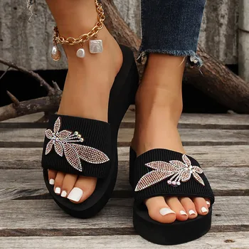 Дамски сандали, Дамски чехли с кристали и цветя, Чехли на танкетке и платформа, Модни летни плажни обувки за жени на високи токчета