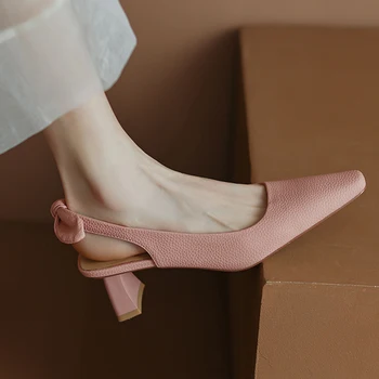 Дамски сандали на висок ток от изкуствена кожа 2023, Елегантни вечерни модела обувки без закопчалка, женски обикновена сандали на дебел ток