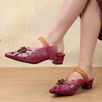 Дамски сандали от естествена кожа в масивна ток 3.5 cm, Луксозни летни Елегантни Сандали, Чехли, Дамски обувки на плоска подметка с остри пръсти, Модерен Дизайнерски обувки