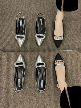 Дамски сандали с остри пръсти, лятна новост 2023, Сребристо стил, искрящи диаманти, обувки Мюлер с квадратна катарама на нисък ток