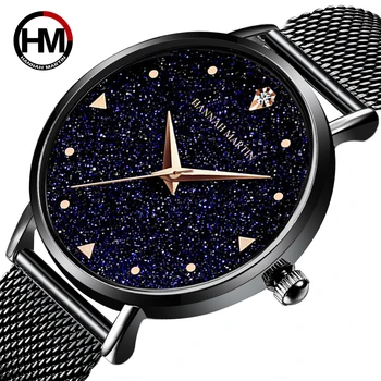Дамски часовници на Хана Martin, Японски кварцов механизъм, Мрежест каишка от неръждаема стомана, ръчен часовник със светкавица, дамски часовници с циферблат 
