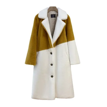 Дамско зимно яке от изкуствена кожа в стил мозайка, Новост 2023 г. в горната дрехи, Дамско плюшевое палто с ревера, Дамски кожен яке с