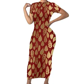 Дебнещ рокля с принтом листа, Летни Златисто-червени Рокли Макси за нощен клуб, Дамско Дизайнерско улично рокля с къс ръкав, Голям Размер 5XL