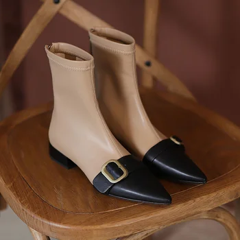 Дизайнерски обувки; Дамски Пикантни Къси ботуши с катарама на колана; Дамски обувки Martin, Модни стрейчевые дамски обувки на дебелите обувки с остър пръсти; Новост 2023 г.;