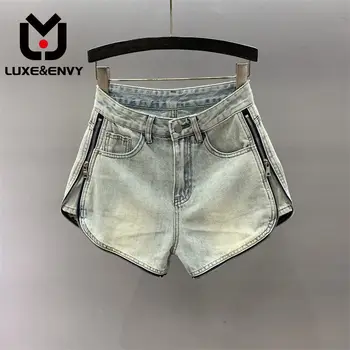 Дънкови шорти LUXE & ENVY с висока талия, дамски летни нови персонализирани дизайнерски ниша къси панталони с ципове, трапециевидные широки панталони, трендови панталони