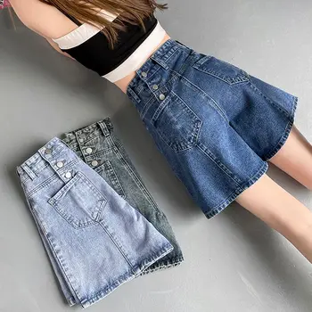 Дънкови шорти трапецовидна форма с нагрудником, Дамски Летни Свободни широки панталони Ins, Гъвкави, модерни, приталенные, популярни в Интернет, къси дънки за жени