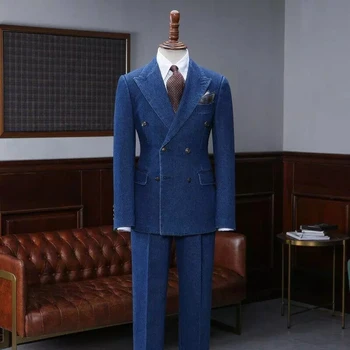 Ежедневни сини дънкови мъжки костюми-oxfords, модерен мъжки костюм за сватбата, бала, оборудвана блейзър за младоженеца, 2 предмета (яке + панталон)