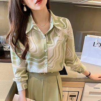 Елегантен женски топ за ежедневието и на работното място, Елегантен дизайн, дамски блуза с шикозен принтом и бутони