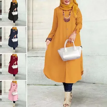 Елегантна ислямското рокля-риза с дълъг ръкав, Туника със средна дължина, Абайя, Марокански кафтан, Ислямска Черни дрехи за жени, Ретро халат 5XL