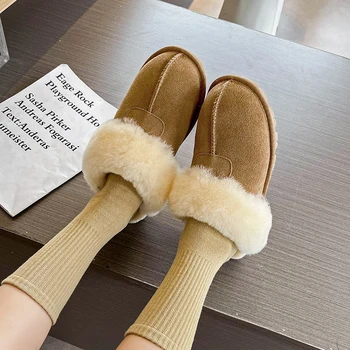 Есенно-зимни дамски домашни нескользящие чехли от овча кожа с дебело дъно, с дървени подове, универсални, топли 4541