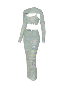 Жена комплект от 2 теми в рубчик, съкратен топ и пола миди с висока талия - Шик годишният Уличен ансамбъл