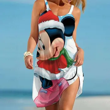 Женствена рокля Мода Елегантни Рокли Стръмни 2022 Плажни Летни Дамски Модел Мики Пикантни Бохо Disney Мини Маус Принт Прашка 5XL