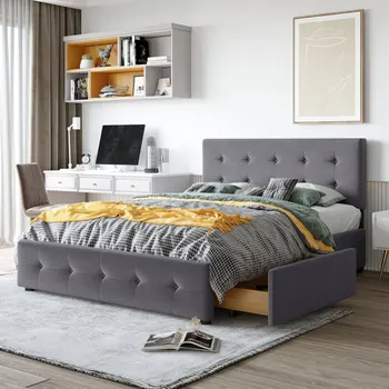 Живеейки легло-платформа с класически таблата и 4 чекмеджета, пружинен блок не се изисква, бельо плат, Размер Queen Size Тъмно сив цвят