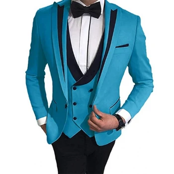 Изработена по поръчка Мъжки костюм от 3 теми 2023, Оборудвана Смокинг Младоженеца с Ревера на Официалните Сватбени костюми за Мъже (Сако + Панталон + елек).）