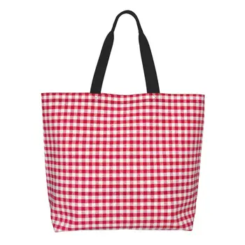 Изработена по поръчка холщовая чанта за пазаруване в червената клетка, дамски моющаяся чанта за пазаруване с голям капацитет