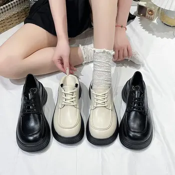 Класически Бели Дамски лоферы на дебела подметка, Летни Ежедневни обувки на плоска подметка с шнур, Дамски Обувки в дебела подметка, от изкуствена кожа в стил пънк, Новост 2023 година
