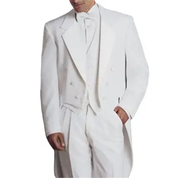 Класически Бял фрак, Мъжки костюми за сватба, 3 бр. (яке + панталон + елек + вратовръзка), Блейзър с назъбени ревери, Панталони, официално облекло за парти на булката