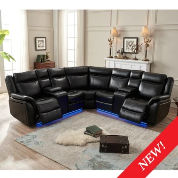 Кожен диван с флип от секция с led лента с Черен цвят, лесно се монтира за вътрешната мебели за всекидневната