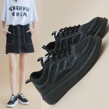 Колекция от 2023 година, Пролет-есен нова дамски обувки в черен цвят на дебела подметка, леки, дишащи малки бели обувки, ежедневни обувки за жени