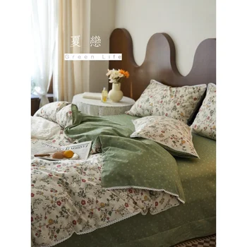 Комплект от четири обекта от памук, ретро цветна градина, дантела от чист памук, двуспальное спално бельо, пухени, чаршаф