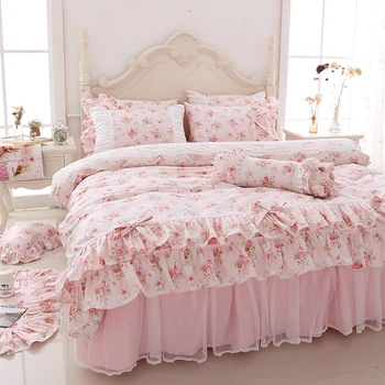 Корейски стил, комплект спално бельо с прясно градина цвете, принцеса на мечтите, памучен лейси пола с волани, калъфка за възглавница, определени пододеяльников за пуховых одеяла, комплект HM03A