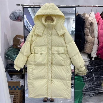 Корейското однотонное пуховое палто със средна дължина, с качулка, Есен-зима, женски нови Топли пухени паркове, Ежедневни дамски naka яке с дълъг ръкав