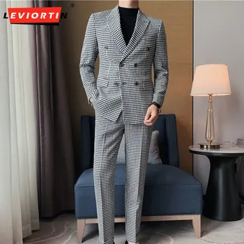 (Костюм + панталони) Есенния нов мъжки модната марка, висок клас бизнес костюм, изпъстрен оборудвана двубортный сватба