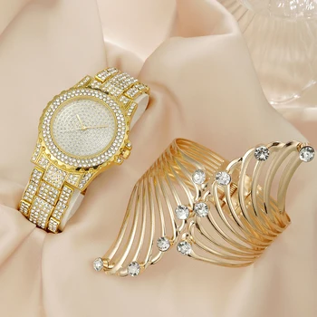 Кръгли леки Луксозни дамски кварцов часовник с диаманти + гривна в стил пънк-крило