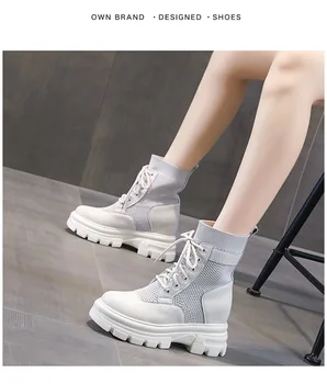 Кухи дишащи меш обувки, Дамски обувки 2023 г., къси ботуши на масивна платформа в стил пънк с дебела подметка, увеличаване на растежа
