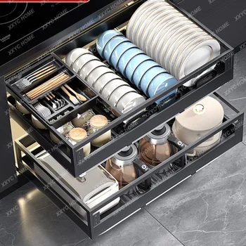 Кухненски шкаф от неръждаема стомана с двухслойным чекмедже, поставка за съхранение на подправки, вграден гардероб