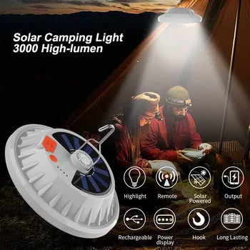 Къмпинг Осветление със Слънчева Батерия и USB-Батерия, Светодиоден фенер за Палатка с високо Люменом с дистанционно управление и 5 режима на осветление за Къмпинг, туризъм, прекъсване на електрозахранването