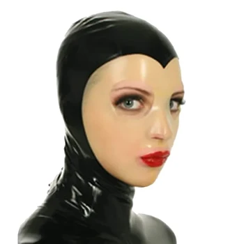 Латексова маска с прозрачно лице, гума прическа с качулка за костюми, ръчно изработени с цип отзад