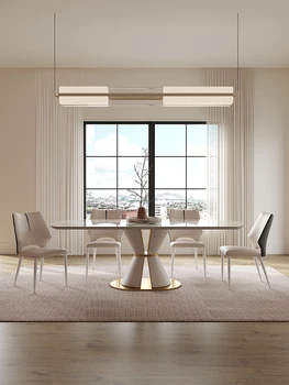 Лесен луксозна маса за хранене от каменна дъски, модерен проста правоъгълна френски крем стил, висококачествена комбинация на обедната маса и стол