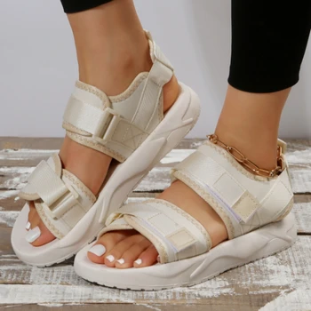Летни нови дамски сандали-гладиатори, модни и ежедневни обувки на неподвижни дебела подметка с плетене на една кука и линия, удобна римска обувки за разходка на открито