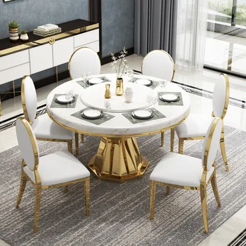 Луксозен Златна метална рамка с кръгъл мраморен плот мрамор въртяща маса за трапезария мебели