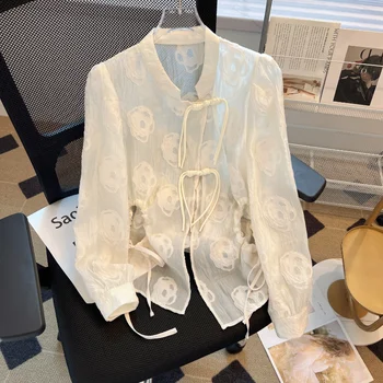 Лятна Жилетка, широки Дрехи, Дамски Шифоновая Блуза, Блузи с дълги ръкави, Нова солнцезащитная риза с копчета във формата на Жаби в китайски стил 27706
