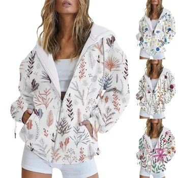 Модерен есенно-зимни дамски блузи с вертикални растеж и флорални принтом, ежедневни дамски блузи с джобове, по-дълги hoody с цип