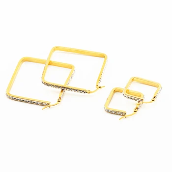 Модерен и минималистичные дамски обеци от неръждаема стомана с диаманти, златни правоъгълни ушни халки