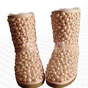Модни луксозни зимни обувки с перли и кристали, дебела топла нескользящая памучен обувки за момичета