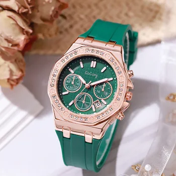 Модни маркови бижута с бриллиантовым календар, кварцов часовник, дамски луксозен силиконов каучук, ежедневни бизнес универсални зелени ръчен часовник