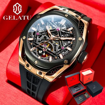 Мъжки автоматичен часовник GELATU Луксозна марка, 3D механичен скелет, кухи циферблат във формата на сот, каишка Силикон, мъжки спортни часовници