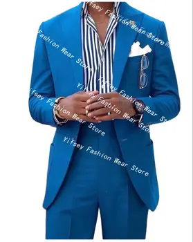 Мъжки костюм с голям джоб и 2 копчета цвят синьо езеро, елегантен комплект луксозно облекло, дизайнерски блейзър за гадже, оборудвана блейзър за сватбената церемония