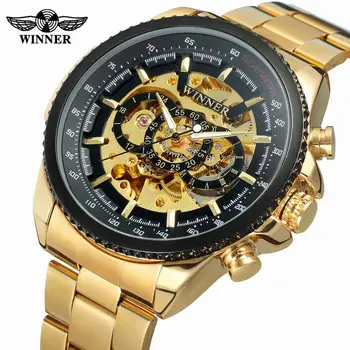 Мъжки часовник с скелетоном T-WINNER От най-добрите луксозна марка от злато и неръждаема стомана, водоустойчив прозрачен механични спортни мъжки ръчен часовник