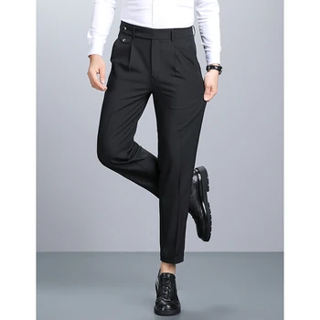 Мъжки черни костюмные панталони, италиански тънки бизнес официални прави панталони, прости ежедневни панталони с драпировкой против бръчки