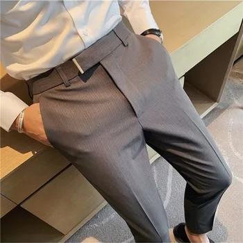 Мъжките официални панталони на райета, Прости ежедневни панталони, Нови универсални бизнес професионални дебнещ британски скъсяване на панталон