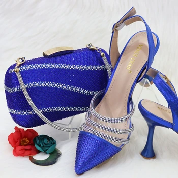 Нов дизайн в син цвят, два начина на носене на модни обувки и чанти на рамо, обувки на висок ток И чанта-плик в същия стил