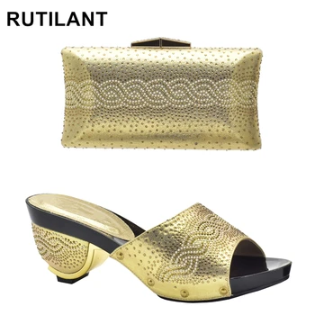 Нов комплект обувки и чанта златист цвят, украсени с пайети, Нигерийски комплект обувки и чанти за жени, Италианската дамски обувки и чанта Set1