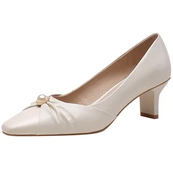 Нова дамски обувки В Елегантен средно Висок ток с квадратни пръсти, 5 см, с Модни обувки-лодки, Дамски офис обувки за сватбени партита